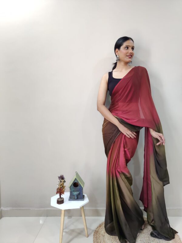 Maroon, Olive Green, And Brown Tones Chiffon Viscose ombre design Ready To Wear Saree With Unstitched Blouse