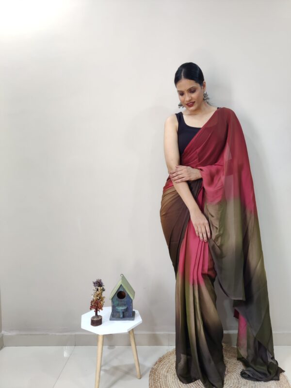 Maroon, Olive Green, And Brown Tones Chiffon Viscose ombre design Ready To Wear Saree With Unstitched Blouse - Image 5