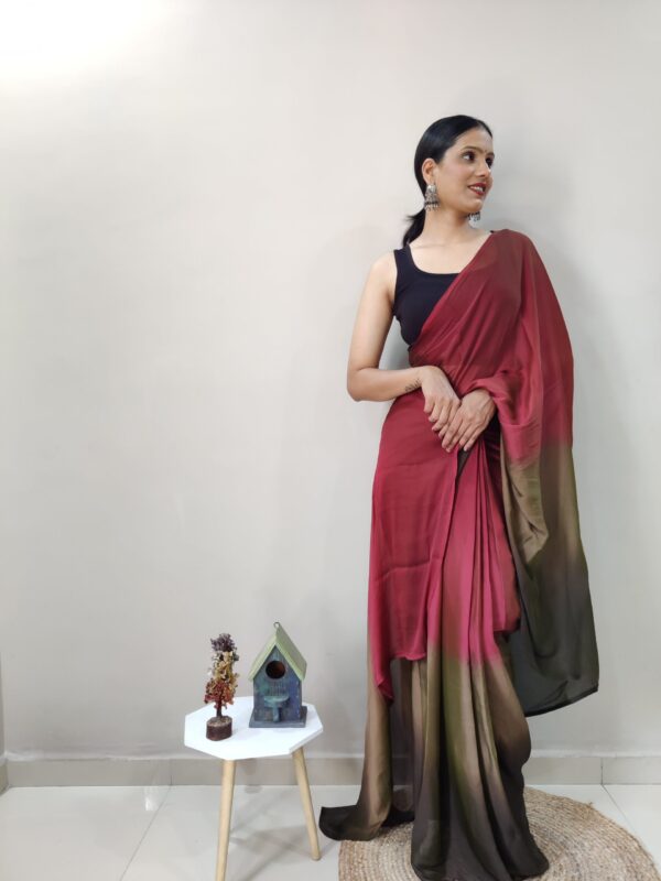Maroon, Olive Green, And Brown Tones Chiffon Viscose ombre design Ready To Wear Saree With Unstitched Blouse - Image 4