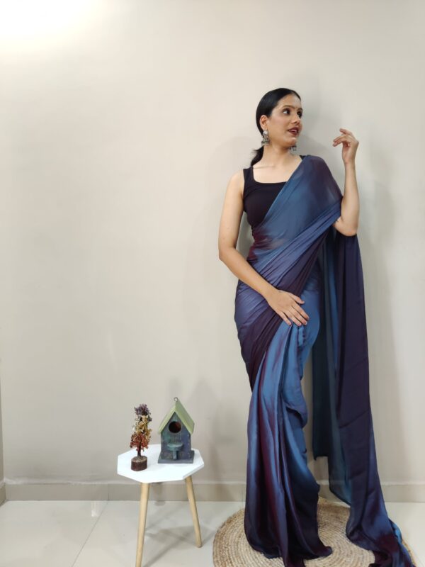 Midnight Blue And Wine Tones Chiffon Viscose ombre design Ready To Wear Saree With Unstitched Blouse - Image 3