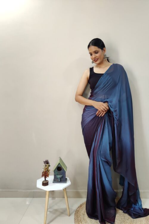 Midnight Blue And Wine Tones Chiffon Viscose ombre design Ready To Wear Saree With Unstitched Blouse