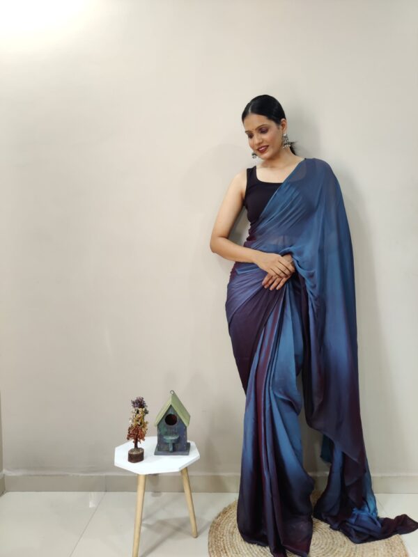 Midnight Blue And Wine Tones Chiffon Viscose ombre design Ready To Wear Saree With Unstitched Blouse
