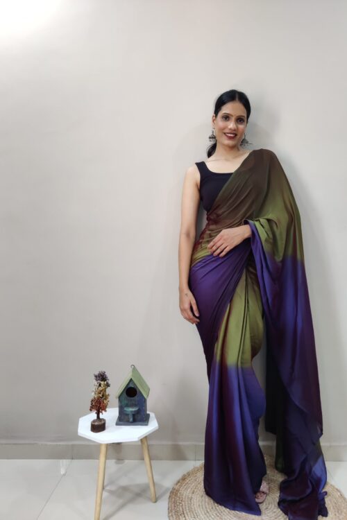 Olive Green, Violet, And Deep Purple Tones Chiffon Viscose ombre design Ready To Wear Saree With Unstitched Blouse