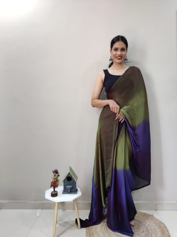 Olive Green, Violet, And Deep Purple Tones Chiffon Viscose ombre design Ready To Wear Saree With Unstitched Blouse - Image 2