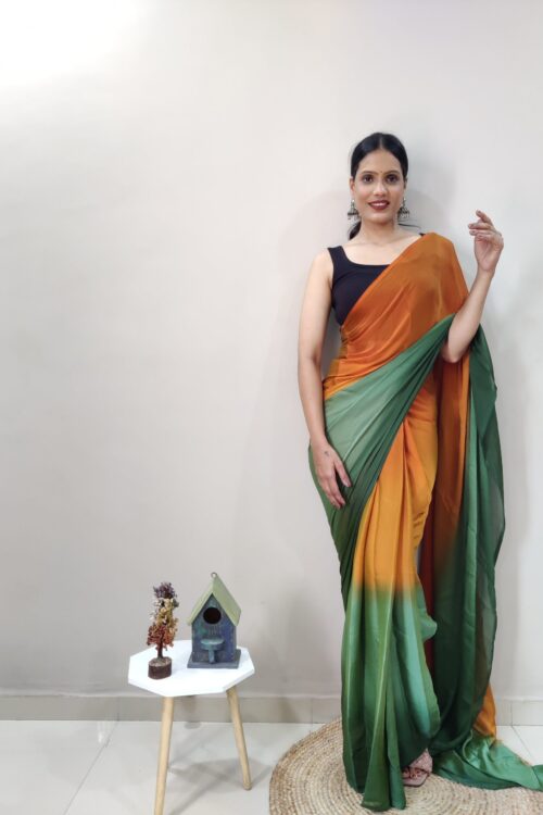 Mustard Yellow And Green Tones Chiffon Viscose ombre design Ready To Wear Saree With Unstitched Blouse
