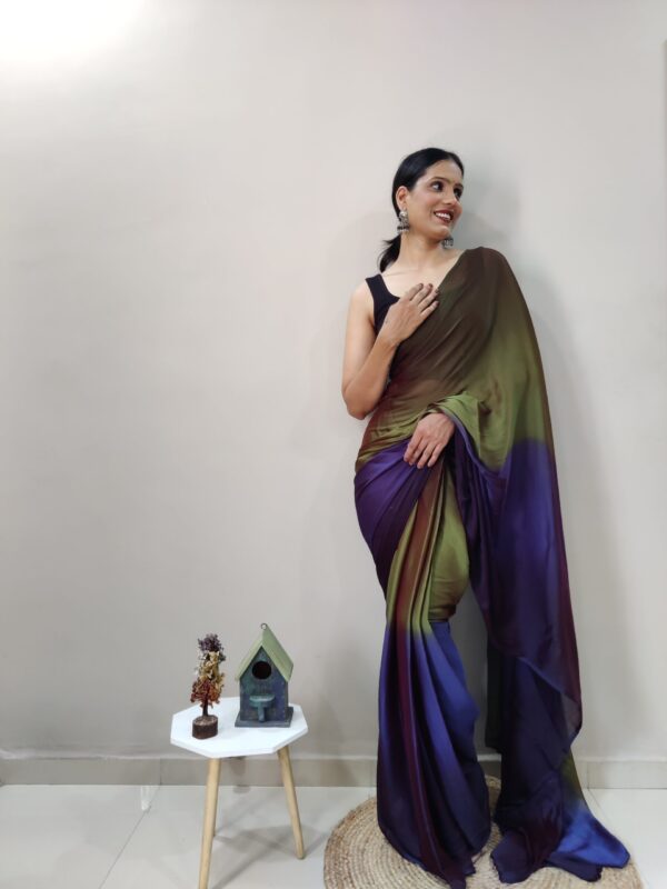 Olive Green, Violet, And Deep Purple Tones Chiffon Viscose ombre design Ready To Wear Saree With Unstitched Blouse - Image 4