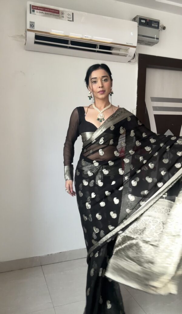 black cotton banarasi silver zari motifs saree Ready To Wear Saree With Unstitched Blouse - Image 4