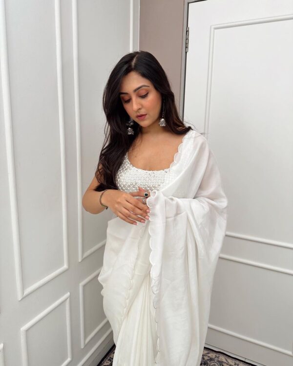 White Rangoli Silk With Scalloped Borders Ready To Wear Saree With Unstitched Sequin-Embroidered Blouse - Image 8