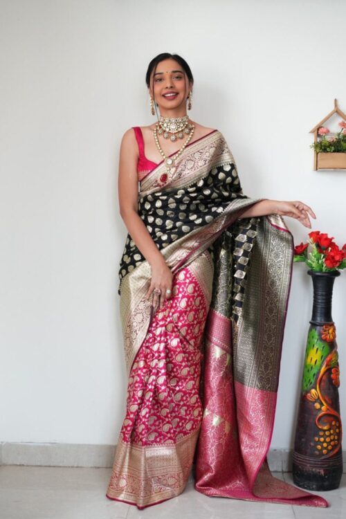 Black And Magenta Color Banarasi Silk Silver Zari Weaving And Traditional Motifs Ready To Wear Saree With Unstitched Blouse