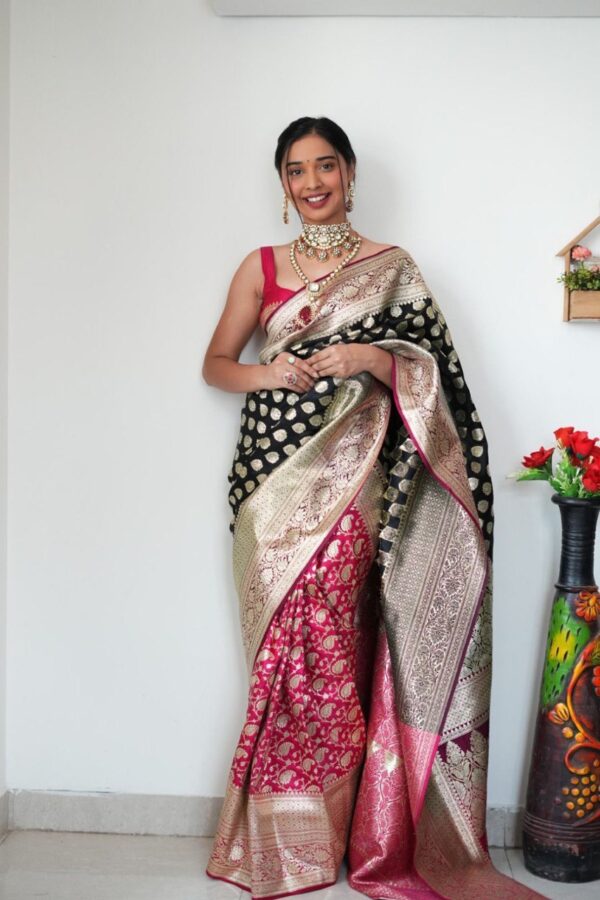Black And Magenta Color Banarasi Silk Silver Zari Weaving And Traditional Motifs Ready To Wear Saree With Unstitched Blouse - Image 7
