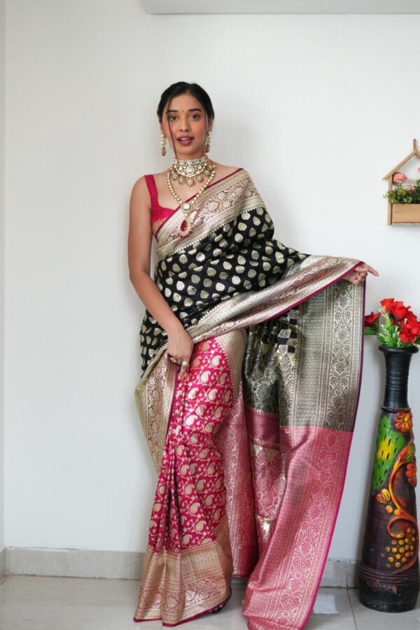 Black And Magenta Color Banarasi Silk Silver Zari Weaving And Traditional Motifs Ready To Wear Saree With Unstitched Blouse - Image 6