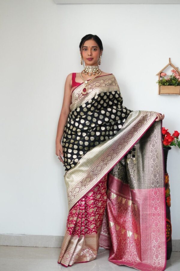 Black And Magenta Color Banarasi Silk Silver Zari Weaving And Traditional Motifs Ready To Wear Saree With Unstitched Blouse - Image 5