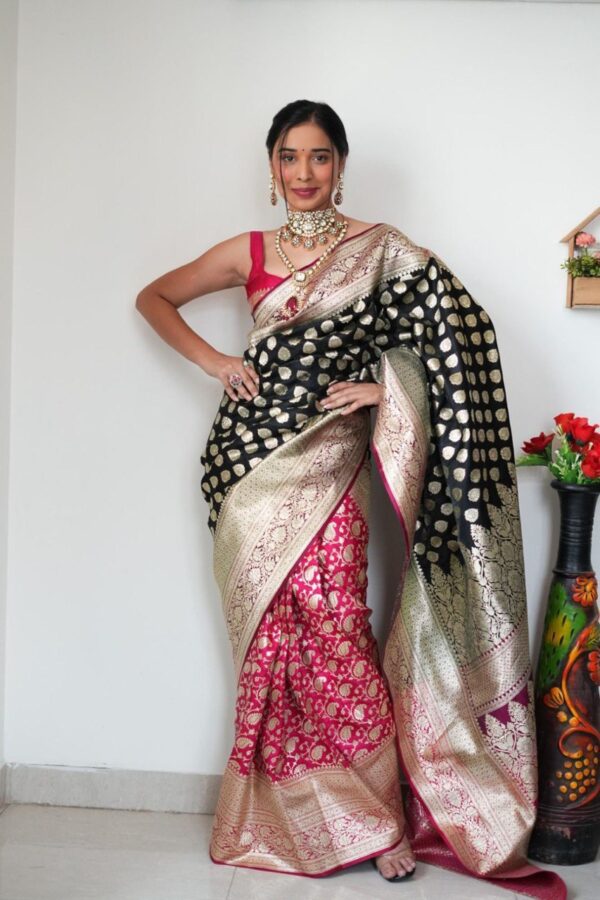 Black And Magenta Color Banarasi Silk Silver Zari Weaving And Traditional Motifs Ready To Wear Saree With Unstitched Blouse - Image 4
