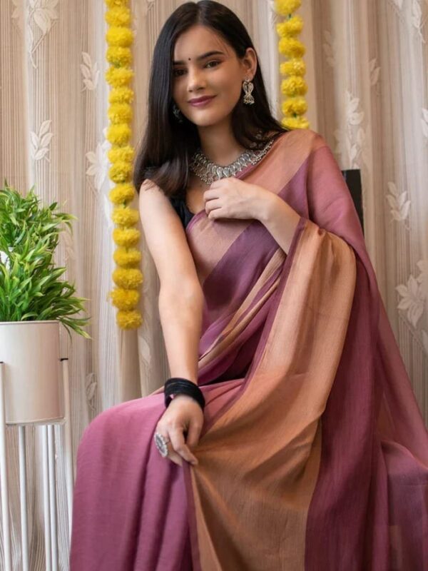 Mauve-brown Tone And Silver-gray  Border Chiffon Redy To Wear Saree With Unstitched Blouse (Copy) - Image 3