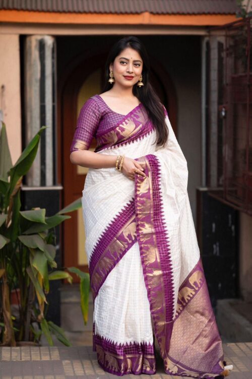 Elegant White Soft Lichi Silk Saree with Purple Zari Elephant Motif Border – Traditional South Indian Charm