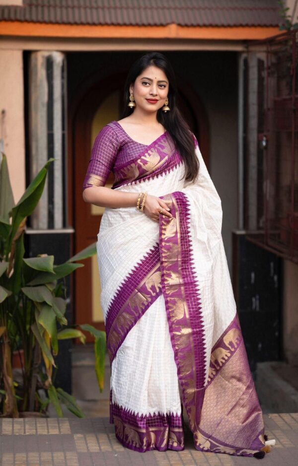 Elegant White Soft Lichi Silk Saree with Purple Zari Elephant Motif Border – Traditional South Indian Charm