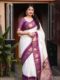 Elegant White Soft Lichi Silk Saree with Purple Zari Elephant Motif Border – Traditional South Indian Charm