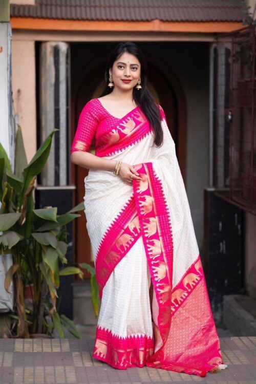 Elegant White Soft Lichi Silk Saree with Pink Zari Elephant Motif Border – Traditional South Indian Charm