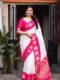 Elegant White Soft Lichi Silk Saree with Pink Zari Elephant Motif Border – Traditional South Indian Charm