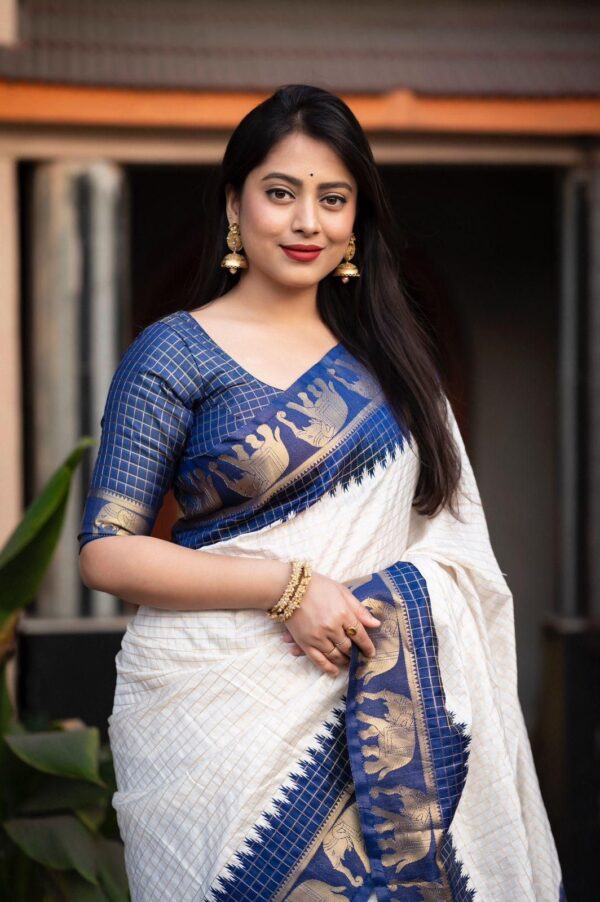 Elegant White Soft Lichi Silk Saree with Blue Zari Elephant Motif Border – Traditional South Indian Charm - Image 3