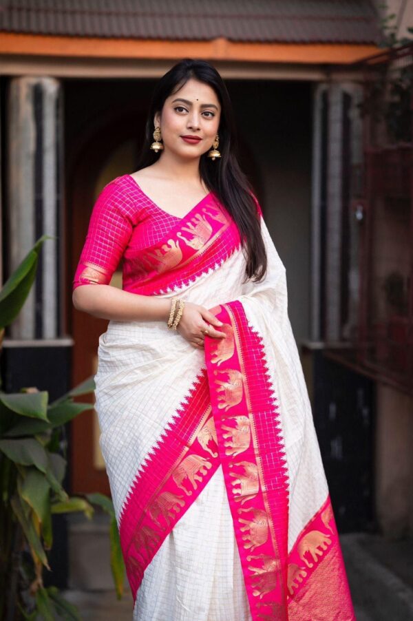 Elegant White Soft Lichi Silk Saree with Pink Zari Elephant Motif Border – Traditional South Indian Charm - Image 3