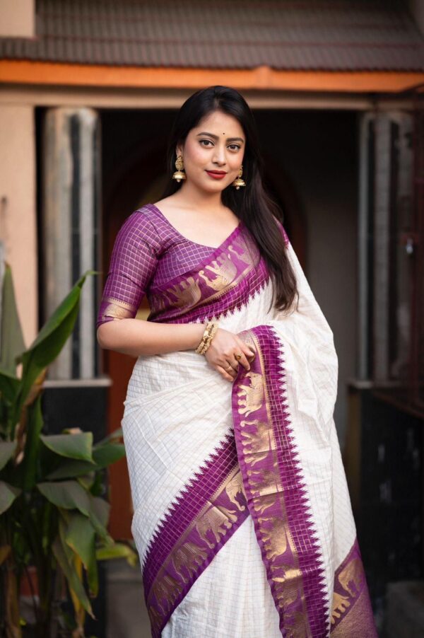 Elegant White Soft Lichi Silk Saree with Purple Zari Elephant Motif Border – Traditional South Indian Charm - Image 3