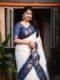 Elegant White Soft Lichi Silk Saree with Blue Zari Elephant Motif Border – Traditional South Indian Charm