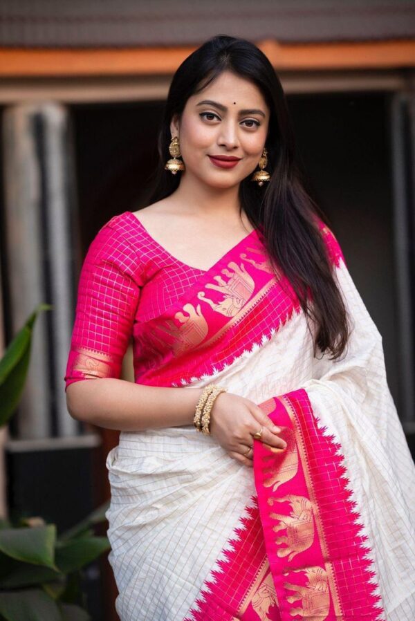 Elegant White Soft Lichi Silk Saree with Pink Zari Elephant Motif Border – Traditional South Indian Charm - Image 4