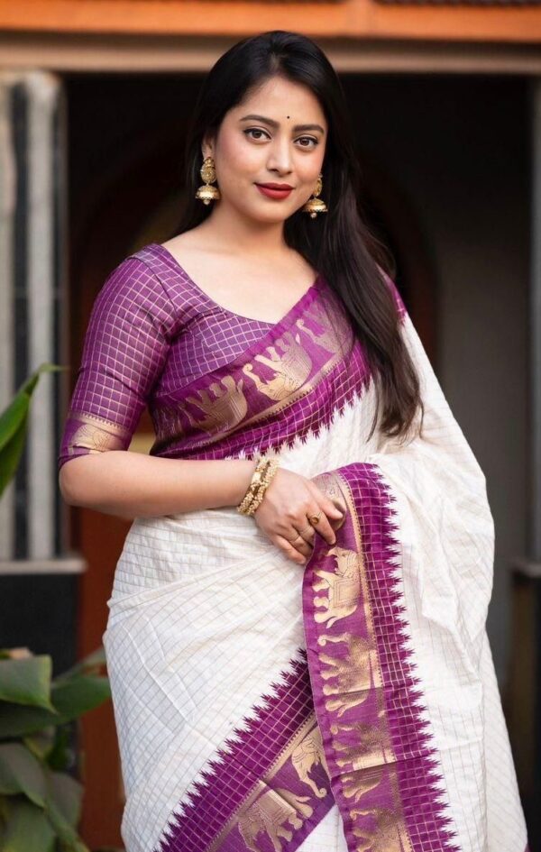 Elegant White Soft Lichi Silk Saree with Purple Zari Elephant Motif Border – Traditional South Indian Charm - Image 4
