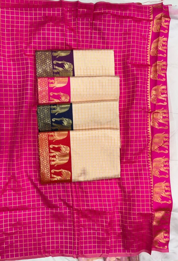 Elegant White Soft Lichi Silk Saree with Blue Zari Elephant Motif Border – Traditional South Indian Charm - Image 4