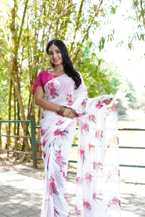 White Georgette Pink Colour Flower Design Ready To Wear Saree  With Unstitched Blouse