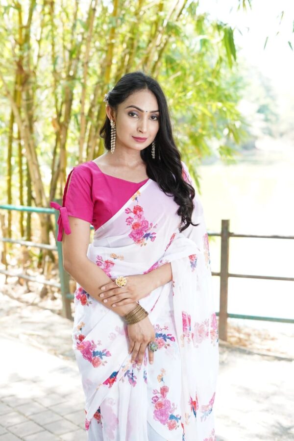 White Georgette Pink Colour Flower Design Ready To Wear Saree  With Unstitched Blouse - Image 3