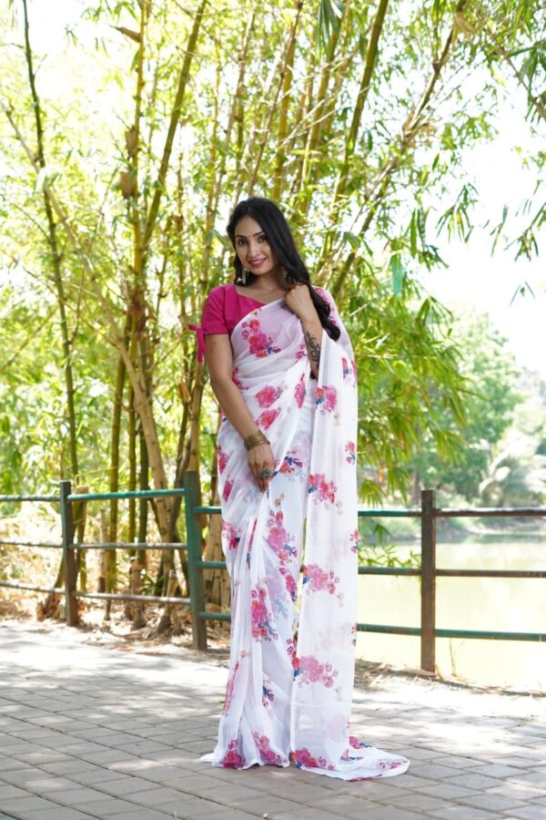 White Georgette Pink Colour Flower Design Ready To Wear Saree  With Unstitched Blouse - Image 4