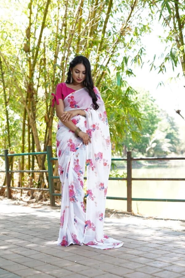 White Georgette Pink Colour Flower Design Ready To Wear Saree  With Unstitched Blouse - Image 5