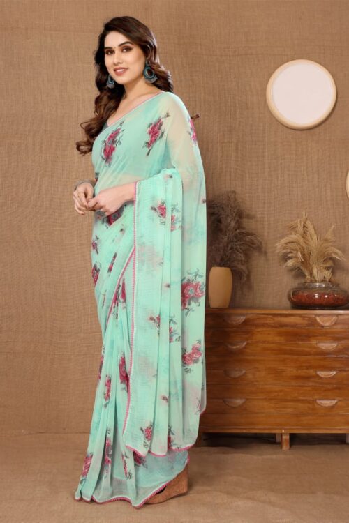 Light Sea Green Georgette Floral Rose Prints Pink Lace Border Ready To Wear Saree  With Unstitched Blouse