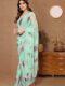 Light Sea Green Georgette Floral Rose Prints Pink Lace Border Ready To Wear Saree  With Unstitched Blouse