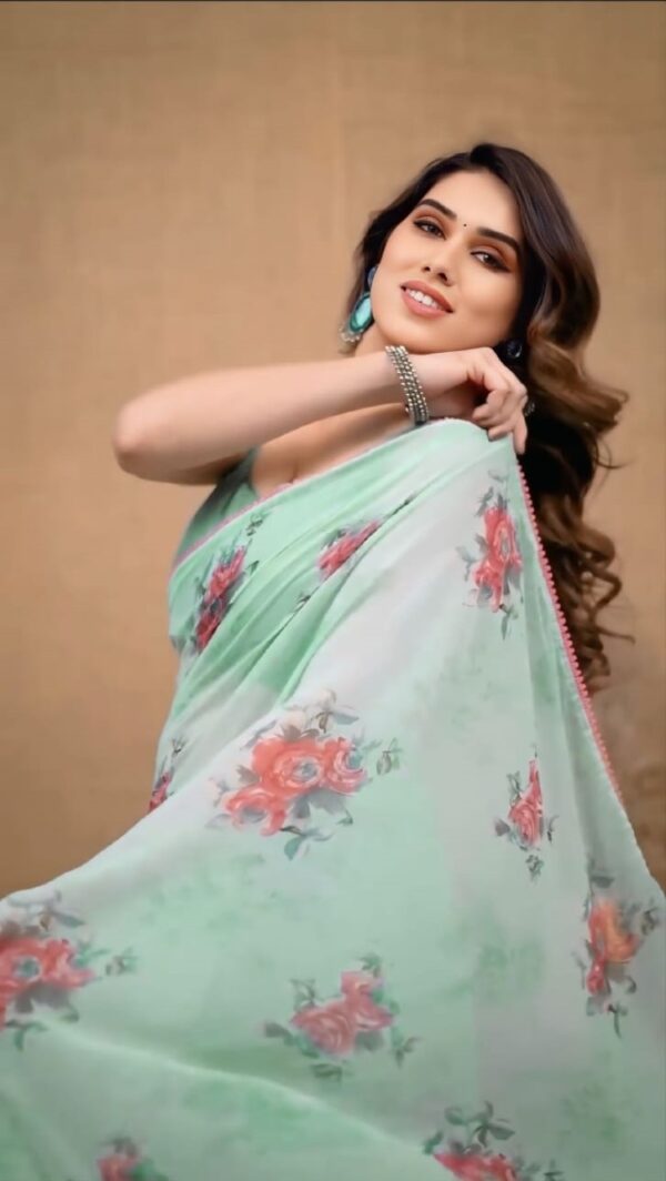 Light Sea Green Georgette Floral Rose Prints Pink Lace Border Ready To Wear Saree  With Unstitched Blouse - Image 4