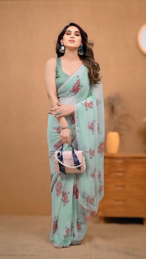 Light Sea Green Georgette Floral Rose Prints Pink Lace Border Ready To Wear Saree  With Unstitched Blouse - Image 5