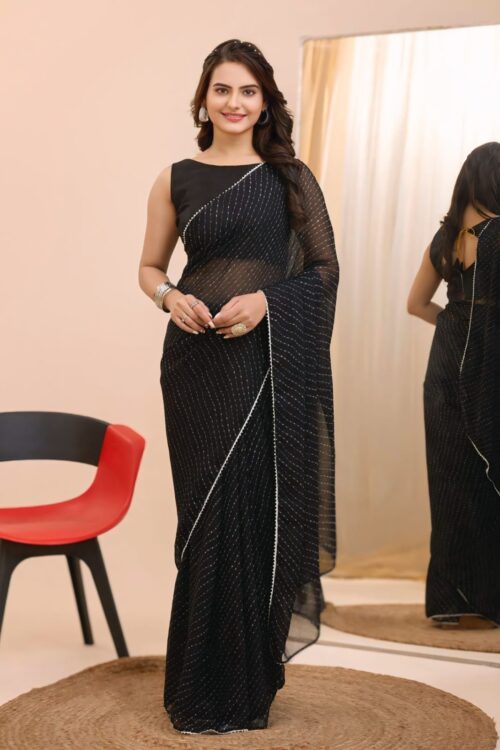 Black Georgette Silver Dot Lines And A Delicate Silver Border Ready To Wear Saree With Unstitched Blouse