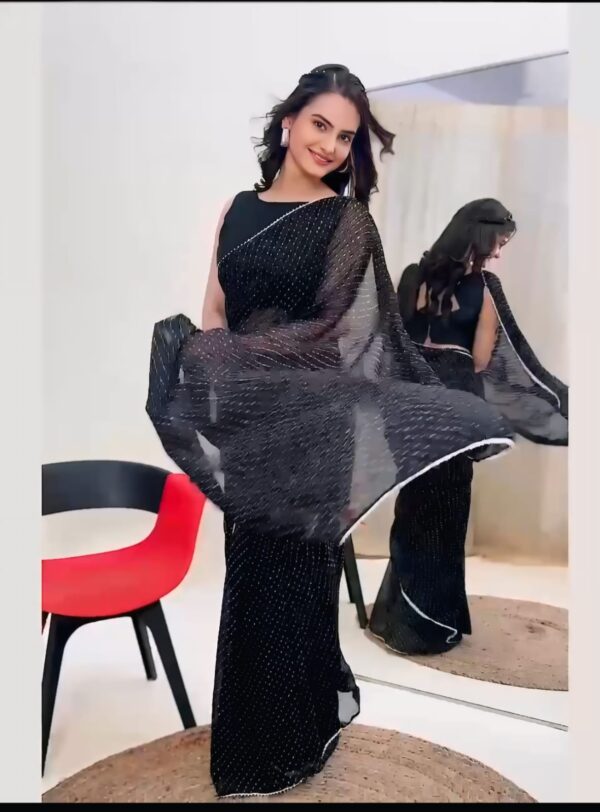 Black Georgette Silver Dot Lines And A Delicate Silver Border Ready To Wear Saree With Unstitched Blouse - Image 3