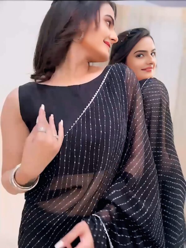 Black Georgette Silver Dot Lines And A Delicate Silver Border Ready To Wear Saree With Unstitched Blouse - Image 4