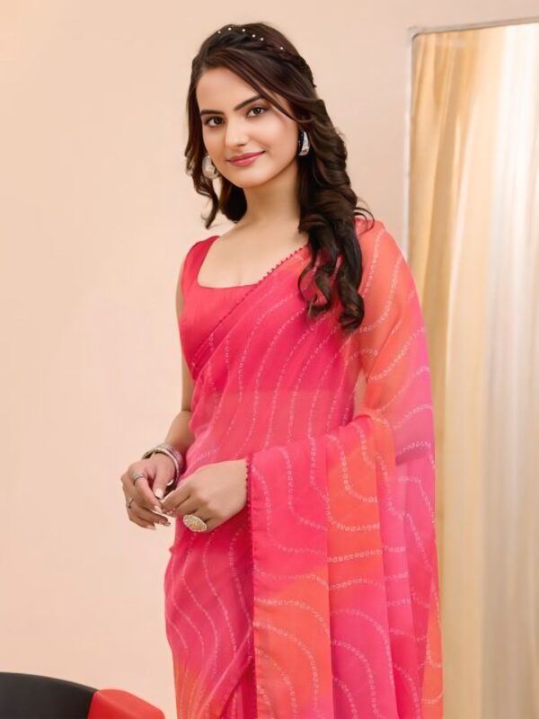 Pink And Orange Georgette Wavy Pattern Laheriya Bandhani Design Ready To Wear Saree With Unstitched Blouse - Image 6