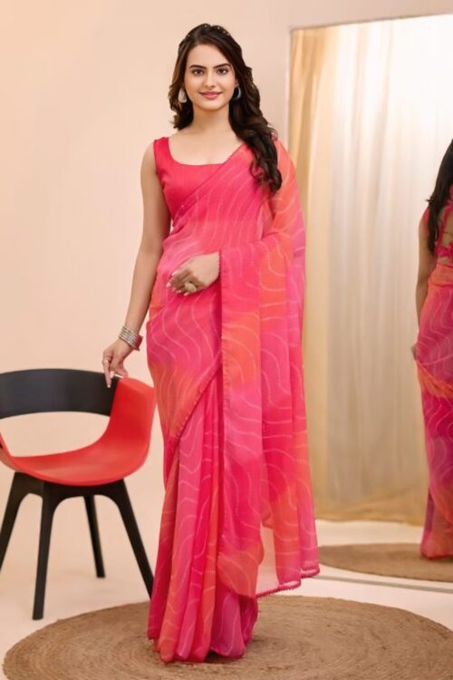 Pink And Orange Georgette Wavy Pattern Laheriya Bandhani Design Ready To Wear Saree With Unstitched Blouse