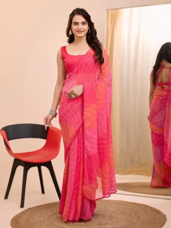 Pink And Orange Georgette Wavy Pattern Laheriya Bandhani Design Ready To Wear Saree With Unstitched Blouse