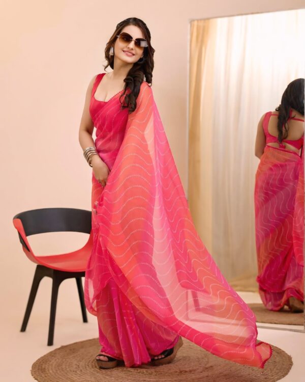 Pink And Orange Georgette Wavy Pattern Laheriya Bandhani Design Ready To Wear Saree With Unstitched Blouse - Image 4