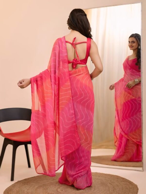 Pink And Orange Georgette Wavy Pattern Laheriya Bandhani Design Ready To Wear Saree With Unstitched Blouse - Image 3