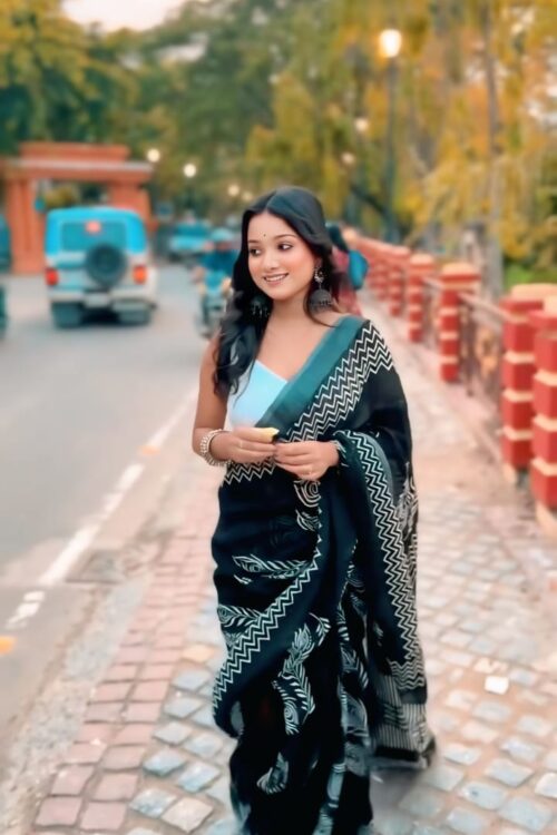 Soft Linen Black Colours Design Digital Print Ready To Wear Saree With Unstitched Blouse