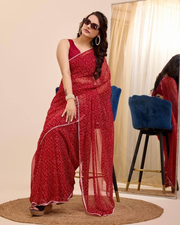 Red colour Bandhani Design Georgette Ready To Wear Saree With same red colour  Blouse piece - Image 5