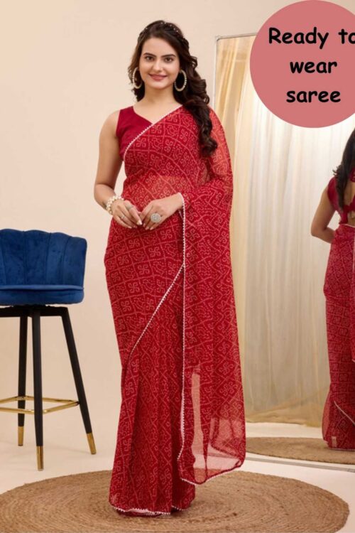 Red colour Bandhani Design Georgette Ready To Wear Saree With same red colour  Blouse piece