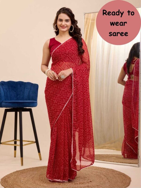 Red colour Bandhani Design Georgette Ready To Wear Saree With same red colour  Blouse piece